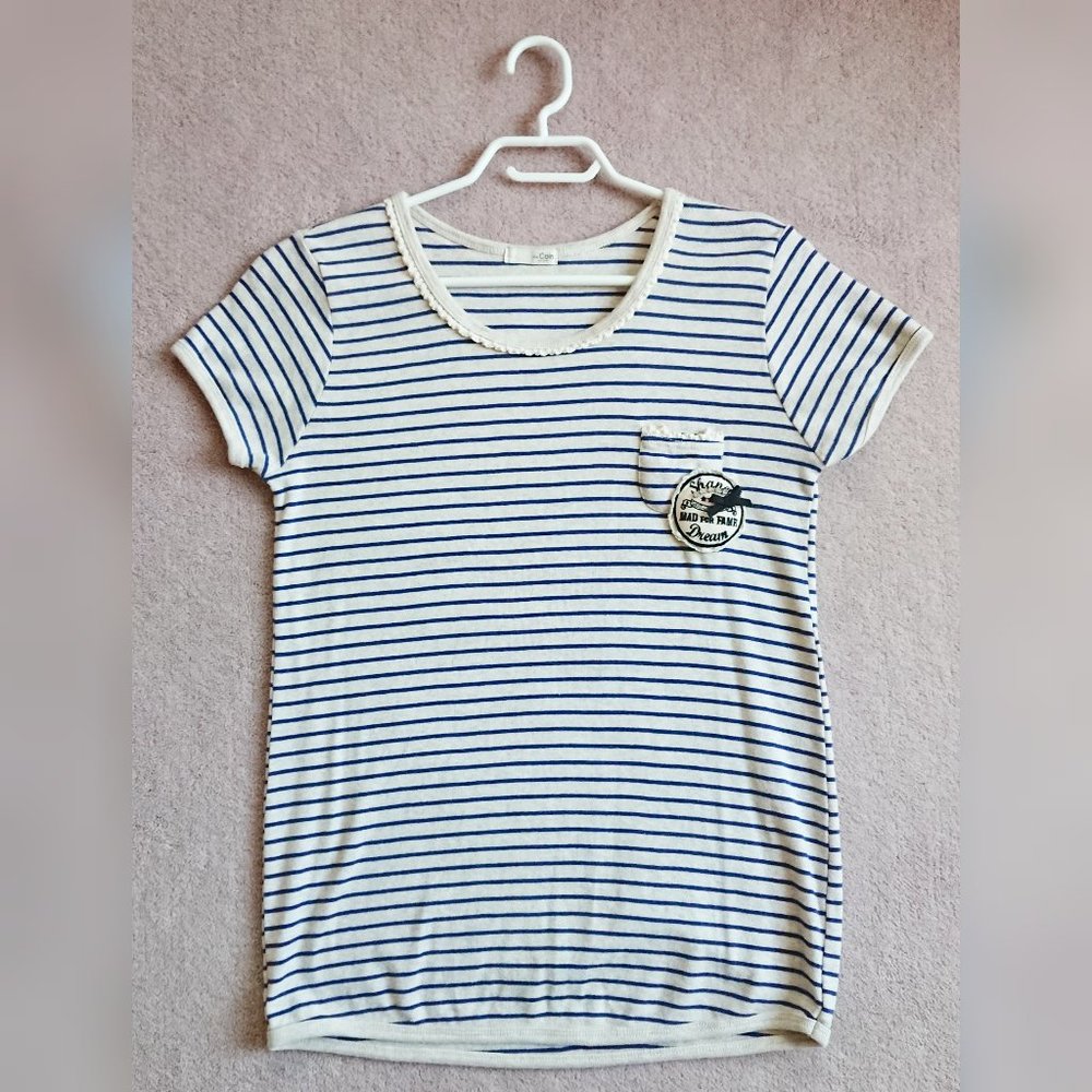 Striped Crochet Trim T-Shirt + White Pleated Mini Skirt Set - Picture 3 of 16